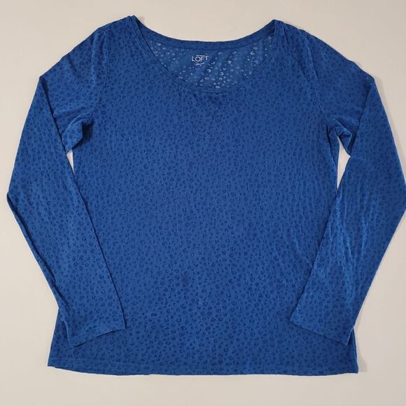 Ann Taylor LOFT Women's Blue Semi-Sheer Animal Print Roundneck Long Sleeve Top - Picture 1 of 10